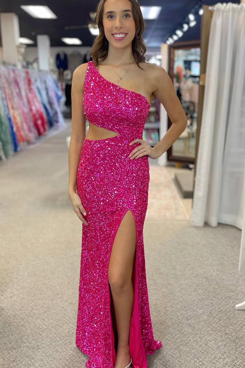 Gorgeous Mermaid One Shoulder Fuchsia Sequins Prom Dress with Slit VK25010902