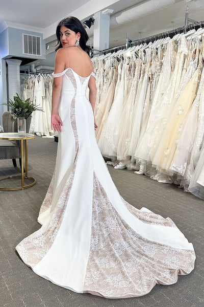 Simple Mermaid Cold Shoulder Satin Wedding Dresses with Lace VK24010506