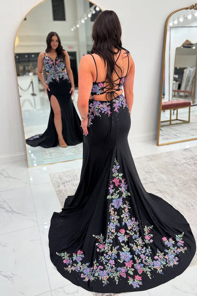 Mermaid V Neck Black Satin Embroidery Long Prom Dresses with Slit VK021302