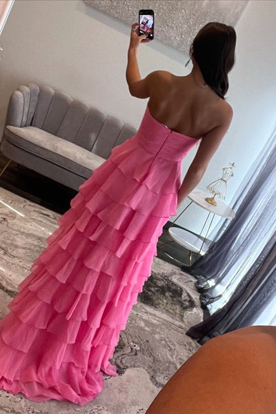 Cute A Line Sweetheart Pink Chiffon Tiered Slit Prom Dresses with Bow