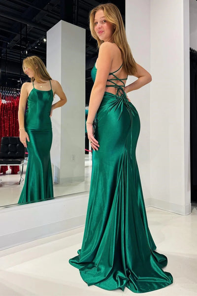 Emerald Scoop Neck Lace-Up Mermaid Long Prom Gown VK24011106