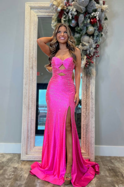 Cute Mermaid Sweetheart Keyhole Pink Satin Long Prom Dress with Sit VK24123005