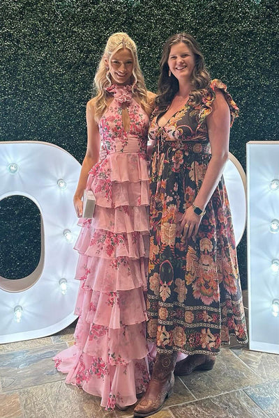 Cute A Line Keyhole Hatler Floral Printed Chiffon Tiered Slit Prom Dress
