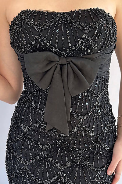 Mermaid Strapless Black Sequins Long Prom Dresses with Bowknot VK25031604