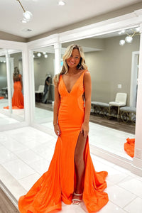 Cute Mermaid V Neck Orange Elastic Satin Slit Prom Dress VK25010904