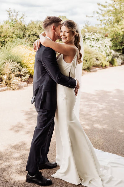 Charming Mermaid V Neck Stretch Satin Wedding Dress with Button VK25060901