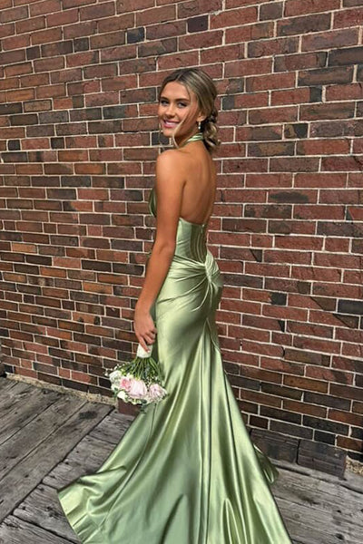 Cute Mermaid Halter Saga Green Satin Long Prom Evening Dresses with Slit VK25052401