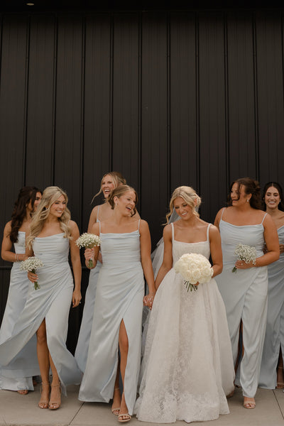 Sheath Cowl Neck Dusty Blue Satin Long Bridesmaid Dresses with Slit VK26081303