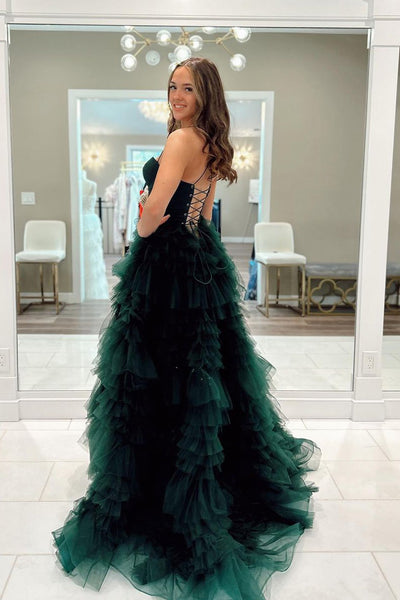Dark Green Sweetheart Ruffle Tiered Tulle Long Prom Dresses with Slit VK24032702