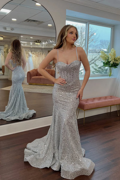 Sparkly Mermaid Sweetheart Silver Sequins Long Formal Prom Dresses VK26011002