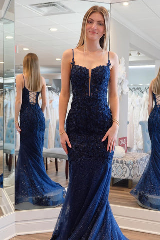 Navy Blue Sweetheart Sequins Mermaid Long Prom Dresses with Appliques VK24041402