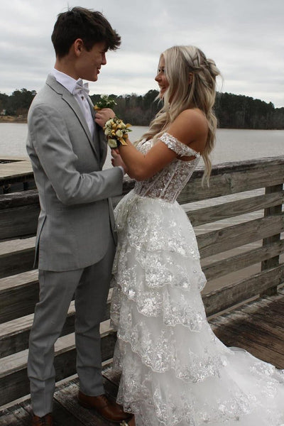 White Off the Shoulder Ruffle Tiered Tulle Long Prom Dresses with Slit VK24032801
