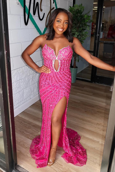 Mermaid Strapless Fuchsia Keyhole Sequins Long Prom Dresses with Slit VK25032310