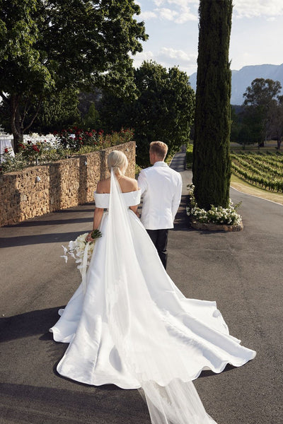 Ball Gown Off the Shoulder Satin Long Wedding Dresses