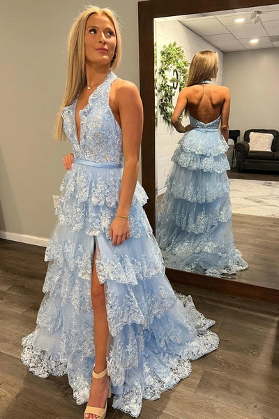 Light Blue Tulle Appliques Halter Ruffle Tiered Long Prom Dress VK23120804