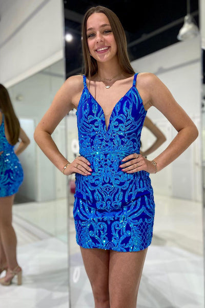 Blue V Neck Sequin Lace Tight Short Homecoming Dresses VK23091603