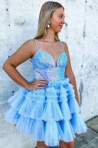 Trendy A Line Spaghetti Straps Blue Short Homecoming Dress with Ruffles VK23083103