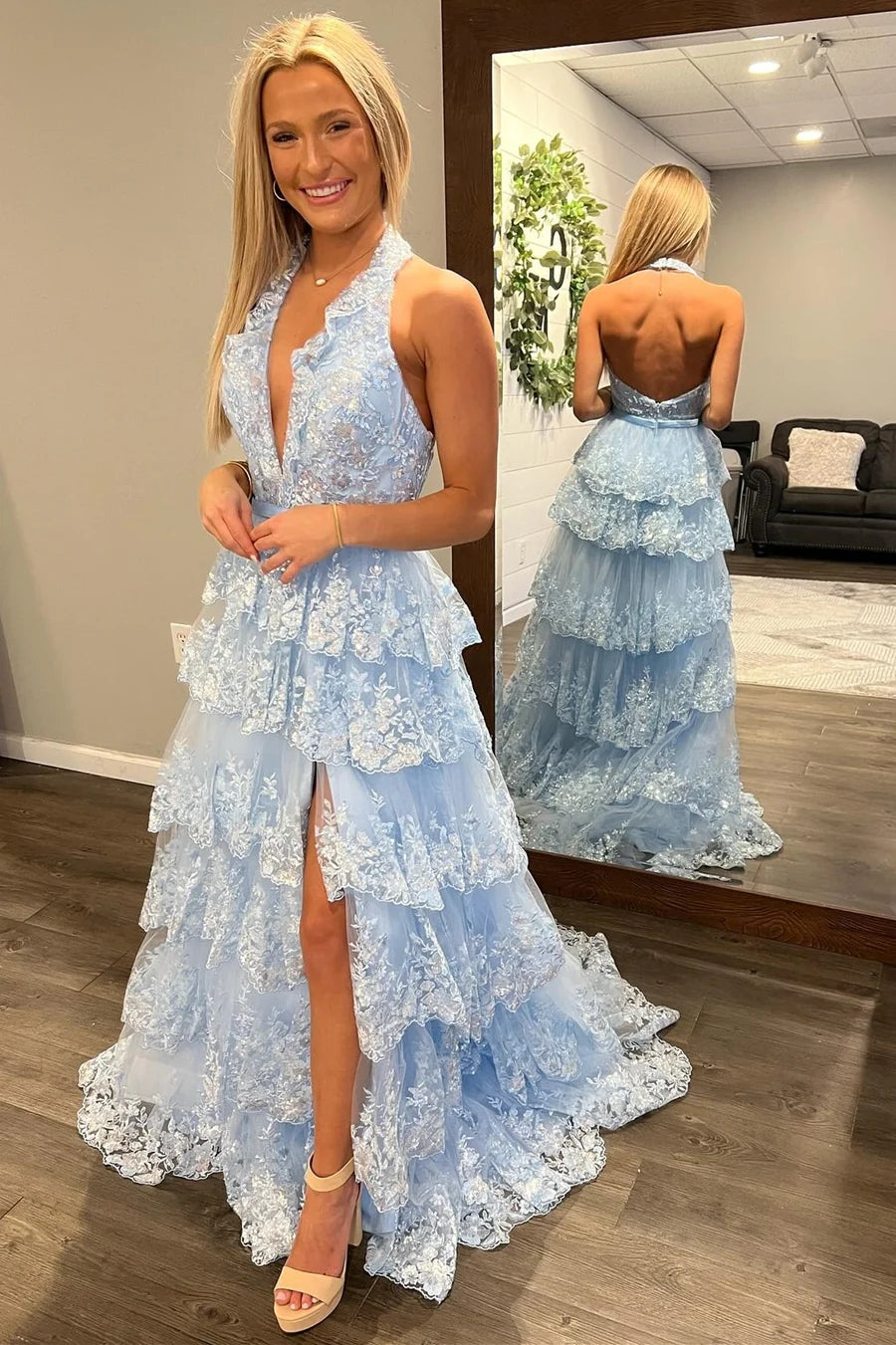 Light Blue Tulle Appliques Halter Ruffle Tiered Long Prom Dress VK23120804