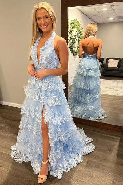 Light Blue Tulle Appliques Halter Ruffle Tiered Long Prom Dress VK23120804