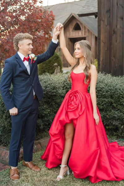 Red Strapless Ruched Floral Satin Long Prom Dresses VK26011505