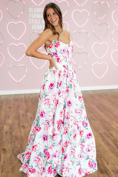 Pretty A-Line Strapless Floral Printed Satin Long Prom Dresses VK26020602