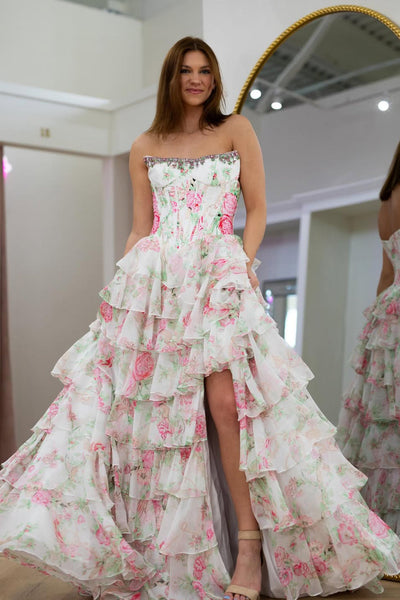 Cute A Line Strapless Blue Floral Satin Prom Dress with Beading