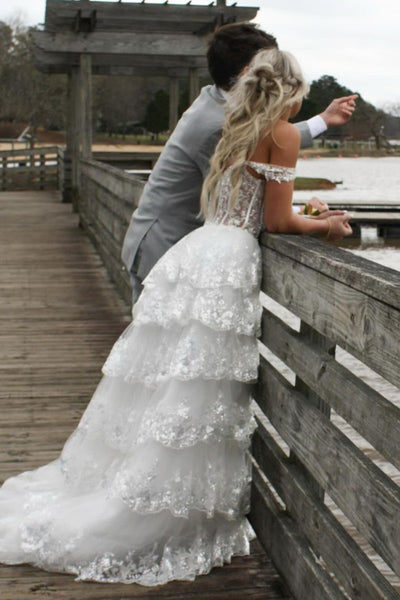 White Off the Shoulder Ruffle Tiered Tulle Long Prom Dresses with Slit VK24032801