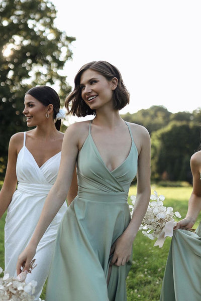 Simple A-Line V Neck Sage Green Silk Satin Long Bridesmaid Dresses VK23082506