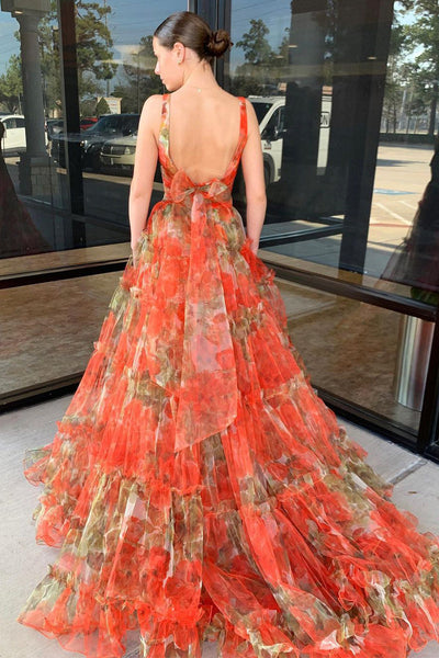Fashion A Line Two Piece V-Neck Floral Printed Tulle Long Prom Dresses