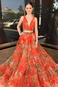 Fashion A Line Two Piece V-Neck Floral Printed Tulle Long Prom Dresses