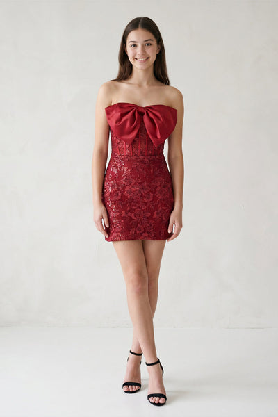 Pink Bodycon Sequined Lace Strapless Corset Homecoming Dresses with Bow