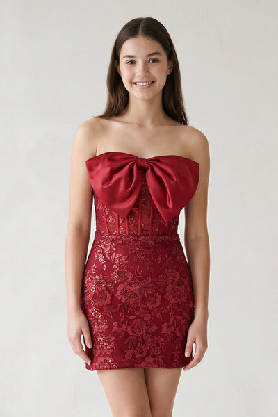 Pink Bodycon Sequined Lace Strapless Corset Homecoming Dresses with Bow