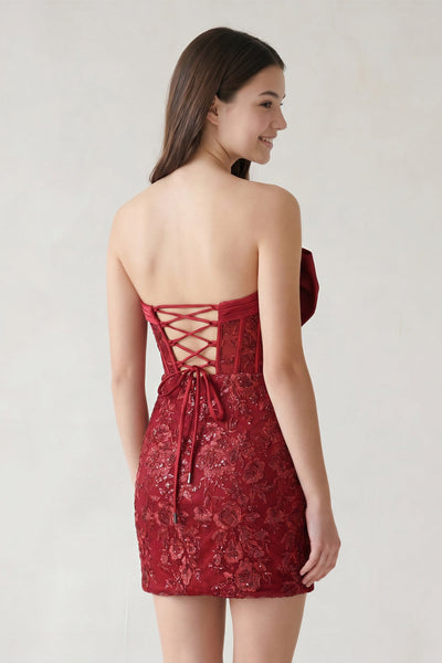 Pink Bodycon Sequined Lace Strapless Corset Homecoming Dresses with Bow