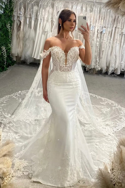 Gorgeous Off the Shoulder Mermaid Sequins Lace Wedding Dress with Appliques VK022810