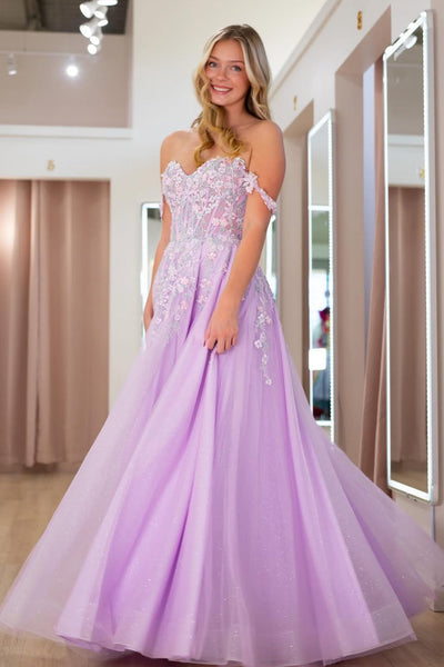 A Line Sweetheart Lavender Tulle Prom Dress with Appliques VK030505