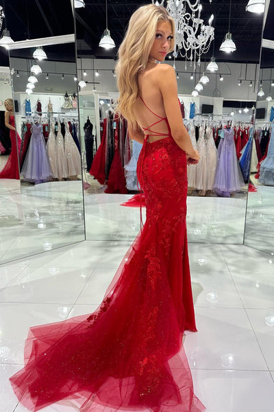 Red Tulle Appliques Scoop Neck Lace-Up Mermaid Long Dress VK23110906