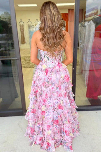 Pink A Line Sweetheart Floral Chiffon Tiered Long Prom Dress VK161906
