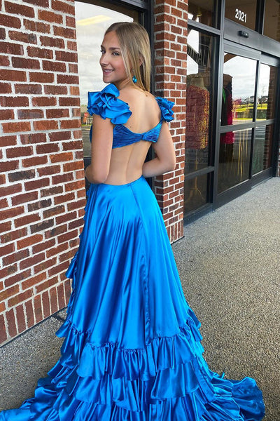 Blue V Neck Ruffle Satin A-Line Long Prom Dresses with Slit VK24041502
