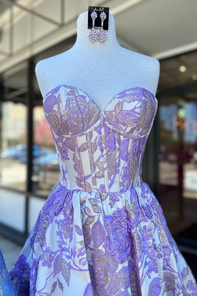 Strapless Blue Floral A-line Short Dress