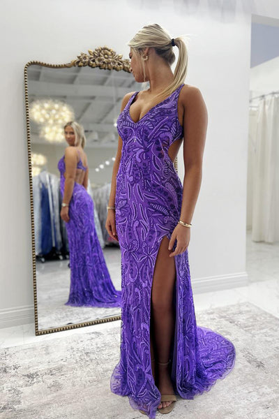 Exquisite Mermaid V Neck Purple Sequins Long Prom Dresses with Slit VK26020710