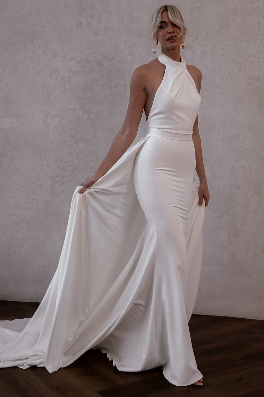 Mermaid Halter Elastic Satin Long Wedding Dresses VK25051103