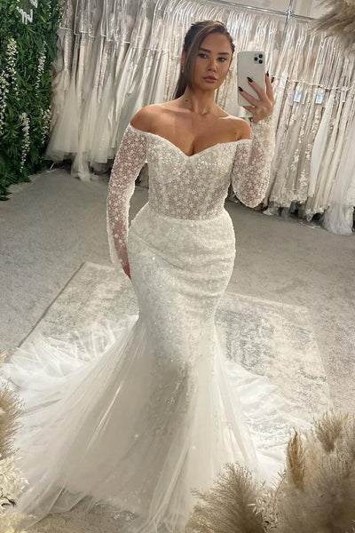 Gorgeous Mermaid Off the Shoulder Sequins Lace Wedding Dresses with Sleeves
