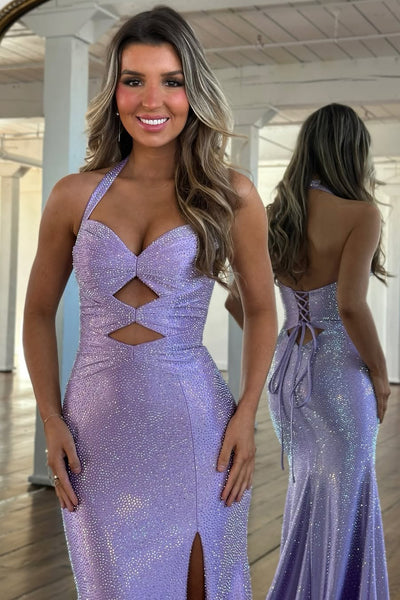 Pink Mermaid Halter Keyholes Beaded Long Prom Dresses with Slit VK26012903