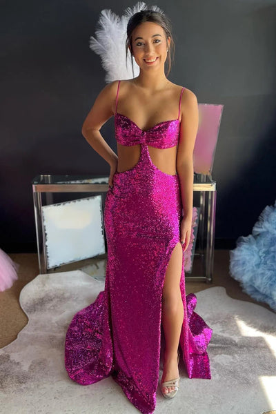 Sparkly Hot Pink Cut Out Sequins Sheath Long Prom Dress with Slit VK23101411