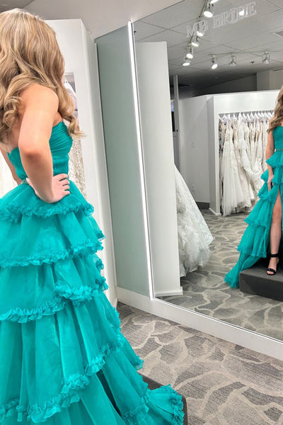 A-Line Strapless Green Ruffle Tiered Long Prom Dresses with Slit VK25031507