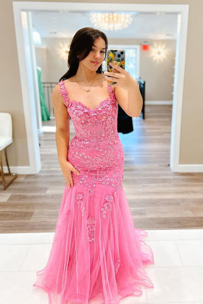 Pink Mermaid Off the Shoulder Tulle Long Prom Dress with Appliques VK23120703