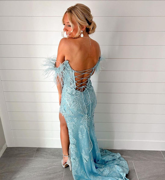 Charming Mermaid V Neck Blue Sequins Long Prom Dresses with Ostrich VK23052506