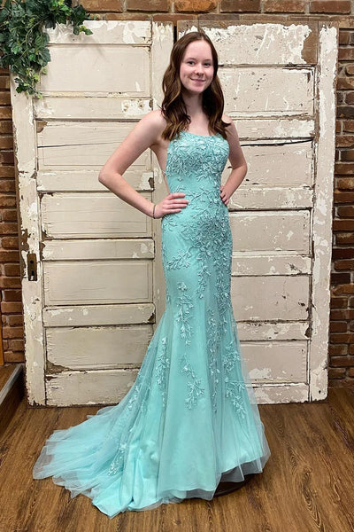 Blue Mermaid Tulle Backless Long Prom Dress with Lace VK23092301