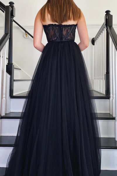 Black Corset A-Line Tulle Long Prom Dress with Lace VK23100308