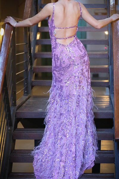 Sparkly Mermaid V Neck Purple Sequin Lace Prom Dresses with Feather VK26102902